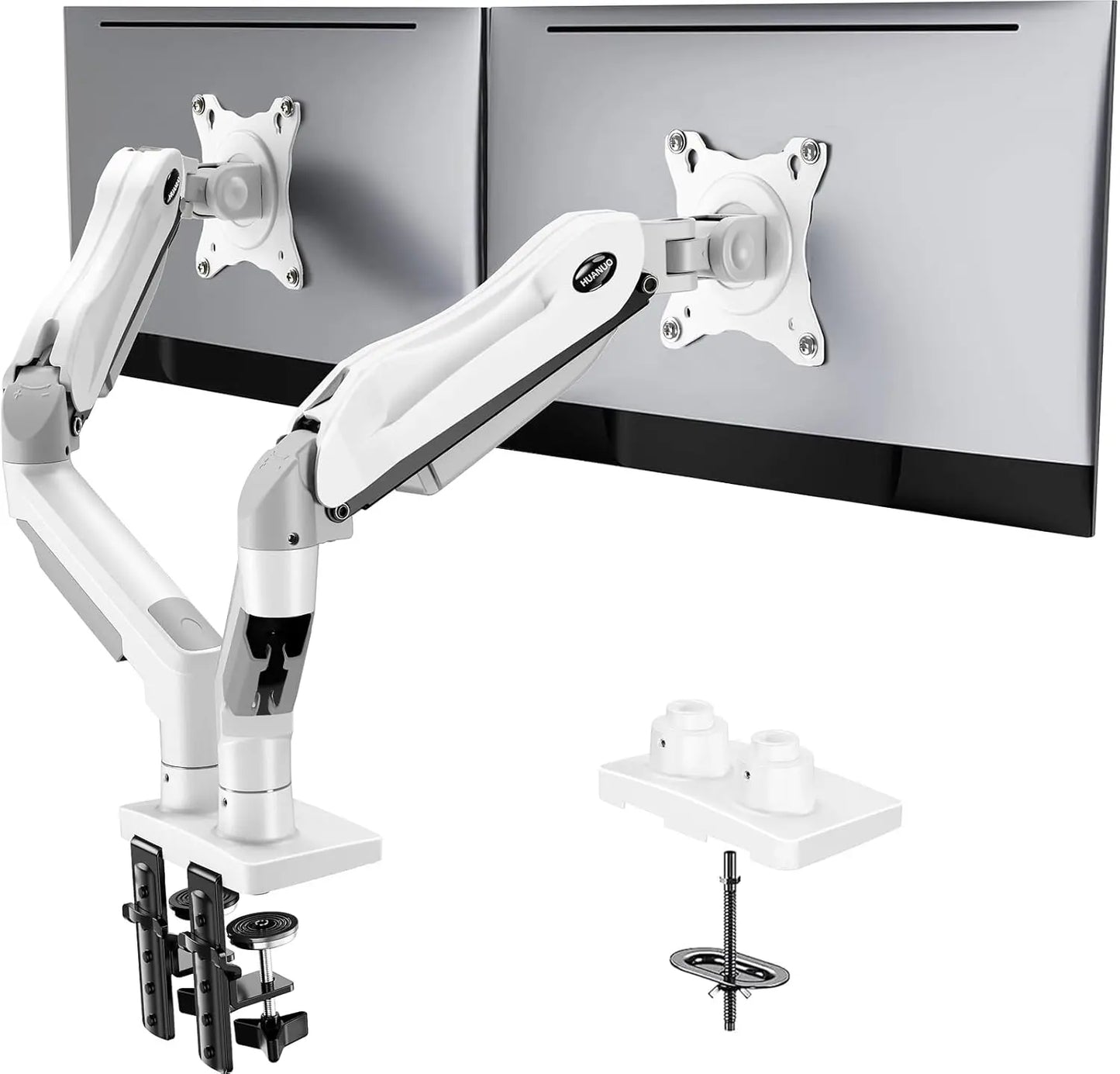 HUANUO Dual Monitor Stand, Fully Adjustable Gaming Monitor Desk Mount for 13–32″ Computer Screens, Full Motion VESA 75X75/100X100 with C-Clamp & Grommet Base, Each Arm Holds 4.4 to 19.8 Lbs