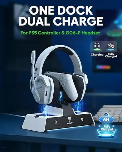 NUBWO G06 Pro Wireless Gaming Headset with Charging Station for Headset & PS5 Controller, 17Ms Low Latency, 120H Battery Life, Dynamic 50Mm Drivers-White (NOT Compatible with Xbox) Tiktokshopspringglowup Summervibes