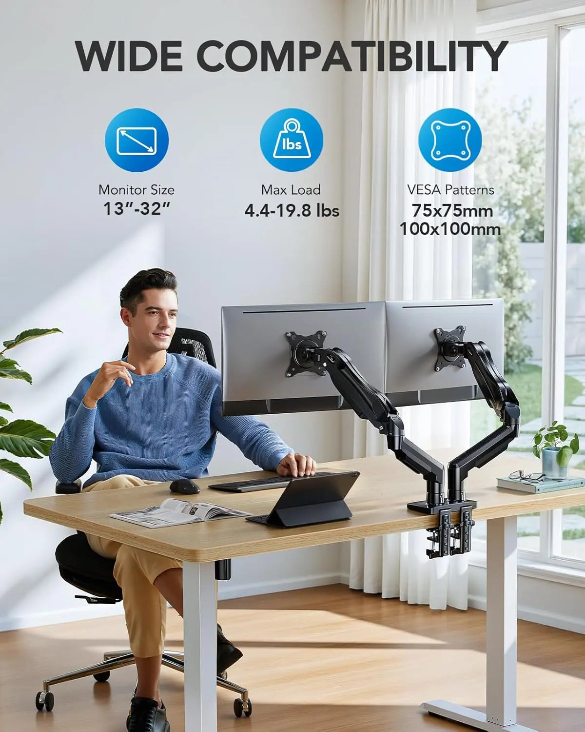 HUANUO Dual Monitor Stand, Fully Adjustable Gaming Monitor Desk Mount for 13–32″ Computer Screens, Full Motion VESA 75X75/100X100 with C-Clamp & Grommet Base, Each Arm Holds 4.4 to 19.8 Lbs