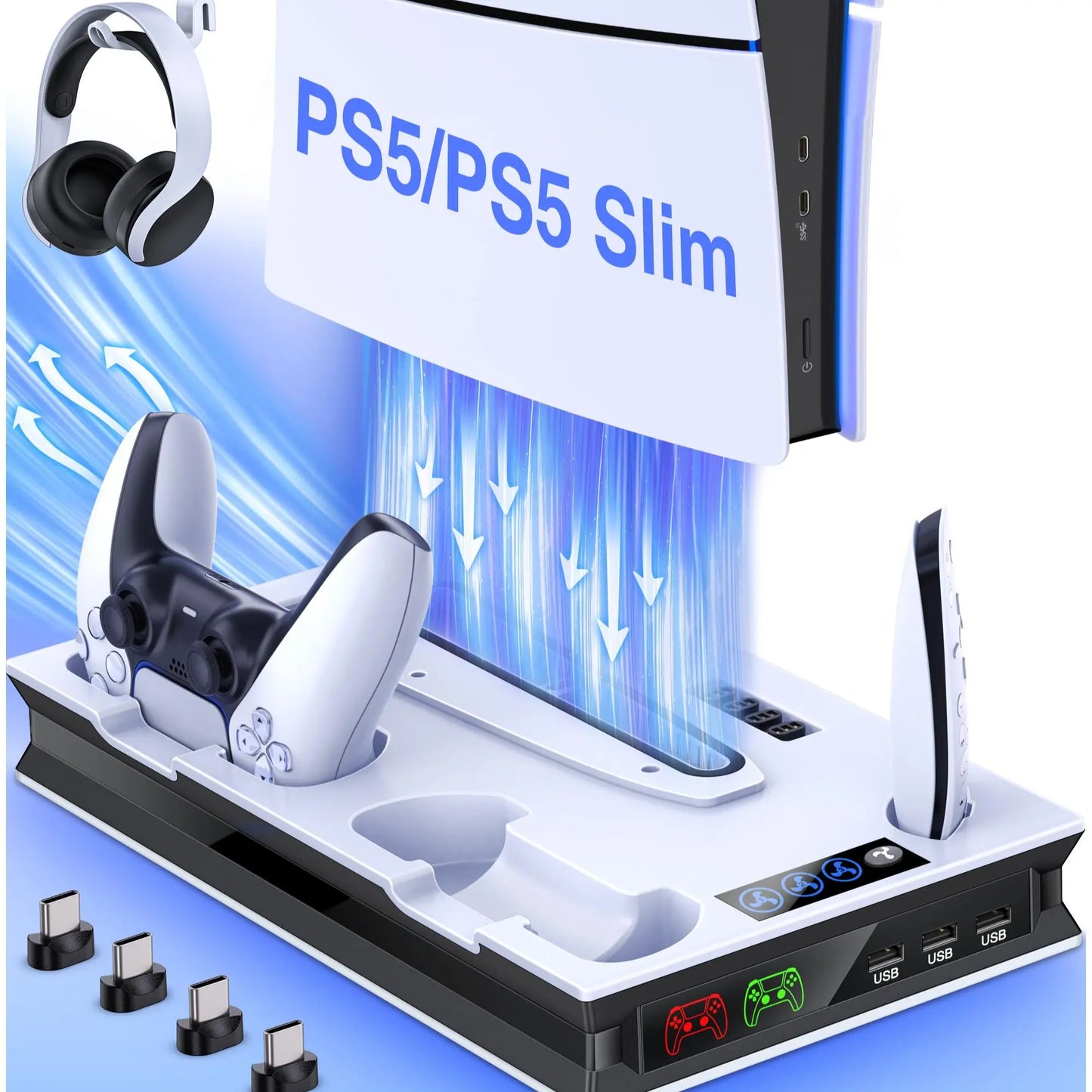 PS5 Stand Cooling Fan for PS5 Slim with PS5 Controller Charger,Beboncool PS5 Accessories,Ps5 Cooling Station for Playstation 5 Slim/Disc/Digital Editions & Playstation 5 Accessories-White Console Smartphone