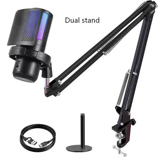 PC Gaming Noise-Canceling Condenser Microphone with RGB Light Mute Gain Control Dual Stands USB Type-C Dual Plug for Live Streaming Recording Podcast Chat #Summervibes