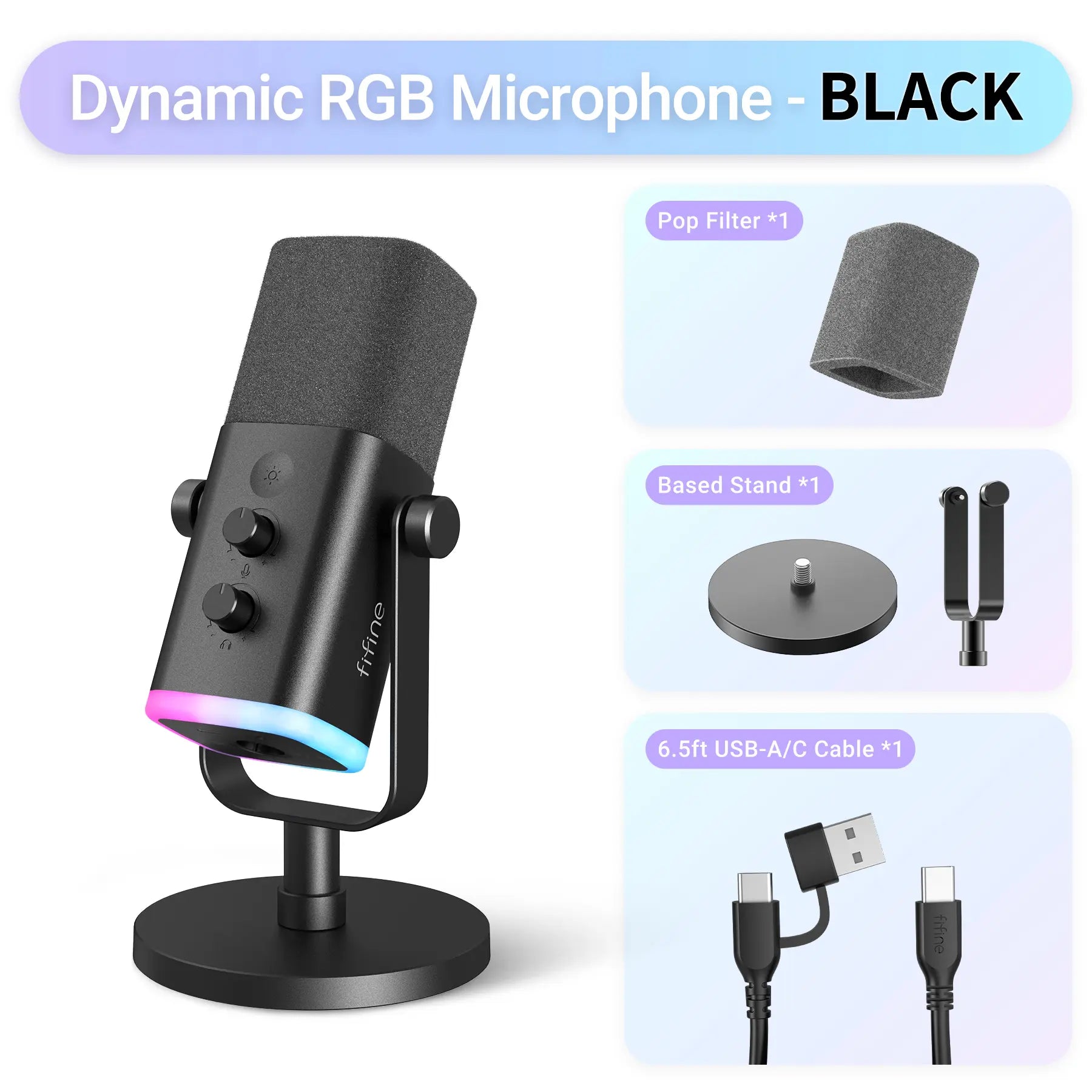 FIFINE AM8 XLR/USB Gaming Microphone for Podcast Recording, Dynamic RGB Mic with Quick Mute, Headphone Jack, Gain Knob, Volume Control, Desktop Mic for PC Gamer, XLR Mic for Audio Interface Mixer, for USB-C Smartphone