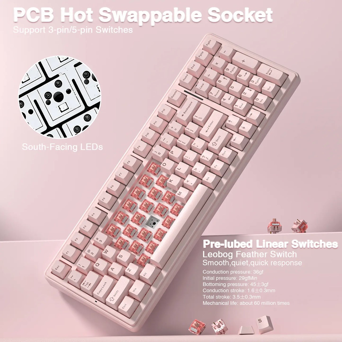 [Silent] AULA F99 Wireless Mechanical Silent Keyboard with Numpad Tri-Mode Bt5.0/2.4Ghz/Usb-C Gasket Hot Swappable RGB Backlit Pre-Lubed Linear Switch Creamy Gaming Keyboard Light Pink