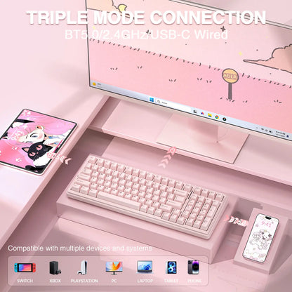 [Silent] AULA F99 Wireless Mechanical Silent Keyboard with Numpad Tri-Mode Bt5.0/2.4Ghz/Usb-C Gasket Hot Swappable RGB Backlit Pre-Lubed Linear Switch Creamy Gaming Keyboard Light Pink