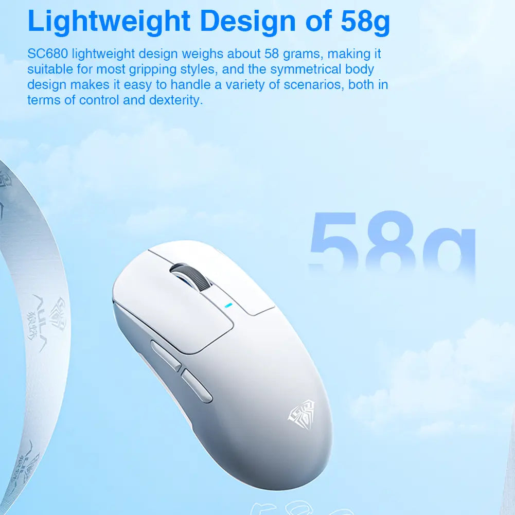 AULA SC680 Wireless Gaming Mouse, Tri-Mode 2.4G/BT5.0/USB-C Gaming Mouse, 10000 DPI Rechargeable Wireless Mouse, Gaming Mouse with 6 Programmable Buttons and Summer Anti-Slip Stickers, Office Desktop Laptop Accessories Ergonomic Mechanical Keyboard