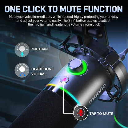 Maono PD200X USB & XLR Desktop Audio Dynamic Gaming Mic, Set up with Boom Arm, Compatible with Computer/ Pc/Ps5/Smartphone,One-Click Mute,Noise Reduction and Headphone Jack, Ideal for Gamer, Streamer, Voice-Over, Recording, Podcasting & Singing.