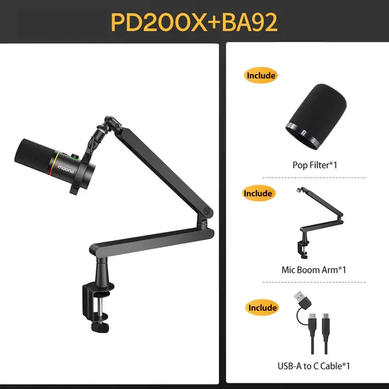 Maono PD200X USB & XLR Desktop Audio Dynamic Gaming Mic, Set up with Boom Arm, Compatible with Computer/ Pc/Ps5/Smartphone,One-Click Mute,Noise Reduction and Headphone Jack, Ideal for Gamer, Streamer, Voice-Over, Recording, Podcasting & Singing.