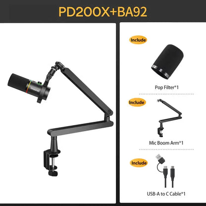 Maono PD200X USB & XLR Desktop Audio Dynamic Gaming Mic, Set up with Boom Arm, Compatible with Computer/ Pc/Ps5/Smartphone,One-Click Mute,Noise Reduction and Headphone Jack, Ideal for Gamer, Streamer, Voice-Over, Recording, Podcasting & Singing.