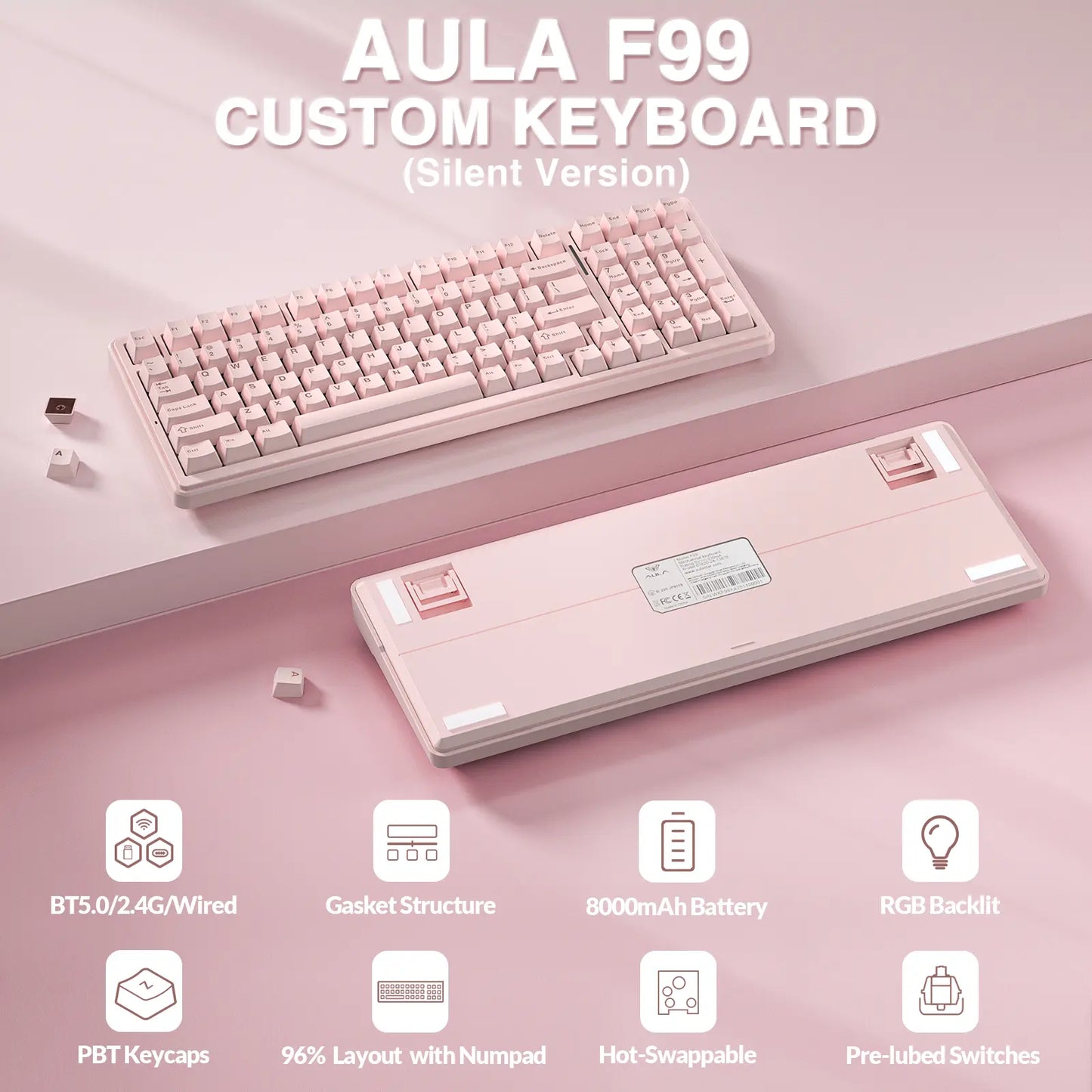 [Silent] AULA F99 Wireless Mechanical Silent Keyboard with Numpad Tri-Mode Bt5.0/2.4Ghz/Usb-C Gasket Hot Swappable RGB Backlit Pre-Lubed Linear Switch Creamy Gaming Keyboard Light Pink