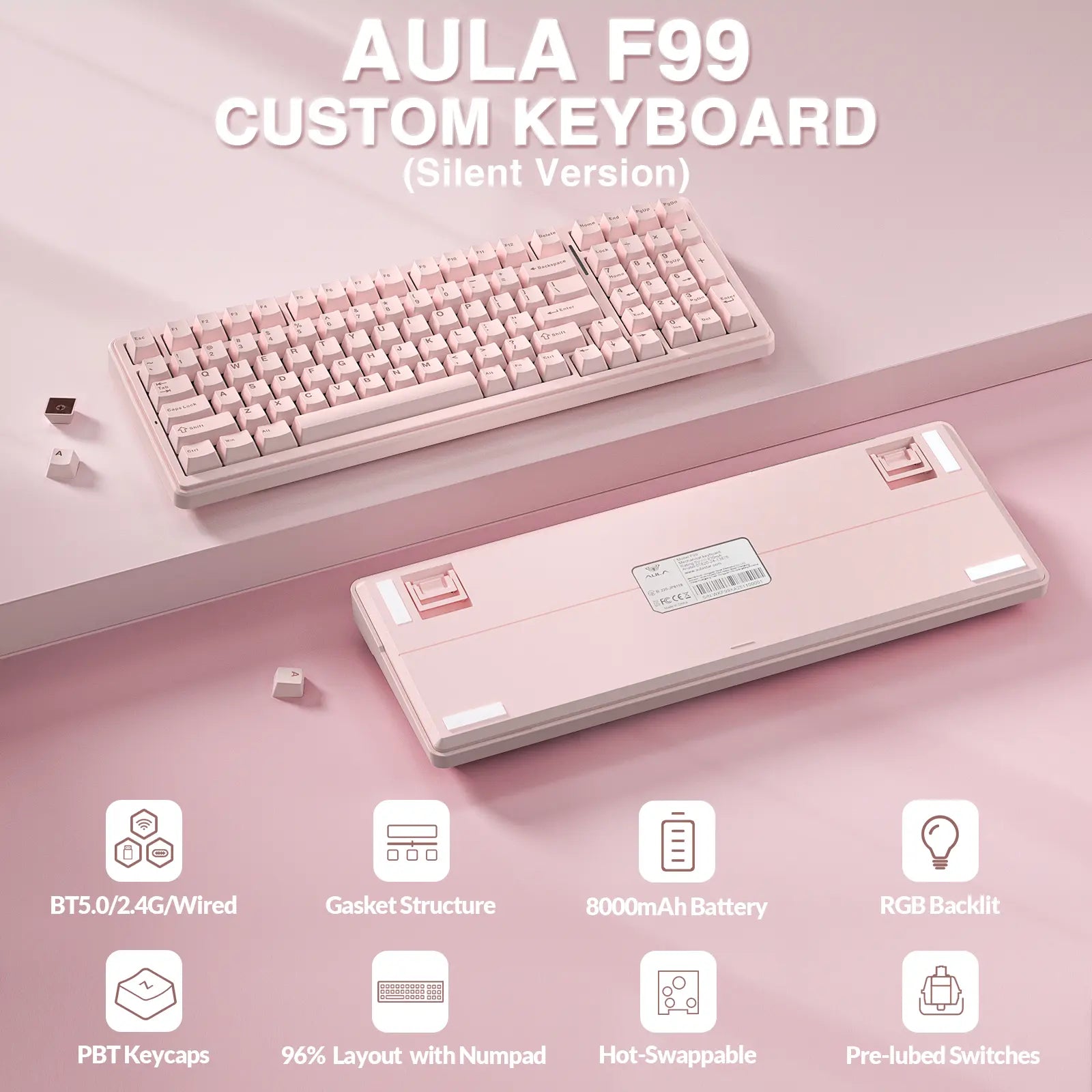 [Silent] AULA F99 Wireless Mechanical Silent Keyboard with Numpad Tri-Mode Bt5.0/2.4Ghz/Usb-C Gasket Hot Swappable RGB Backlit Pre-Lubed Linear Switch Creamy Gaming Keyboard Light Pink