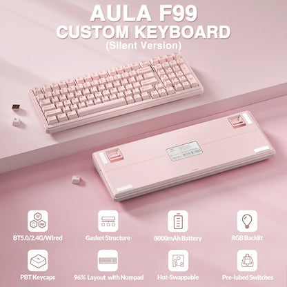 [Silent] AULA F99 Wireless Mechanical Silent Keyboard with Numpad Tri-Mode Bt5.0/2.4Ghz/Usb-C Gasket Hot Swappable RGB Backlit Pre-Lubed Linear Switch Creamy Gaming Keyboard Light Pink