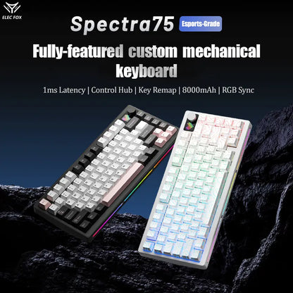 ELECFOX SPECTRA75 Mechanical Gaming Keyboard, Wireless Tri-Mode Connection, PBT Keycaps, RGB Backlight, LED Dot Matrix Display, Gasket Hot-Swappable, Multimedia Knob, Creamy Keyboard PC Accessories