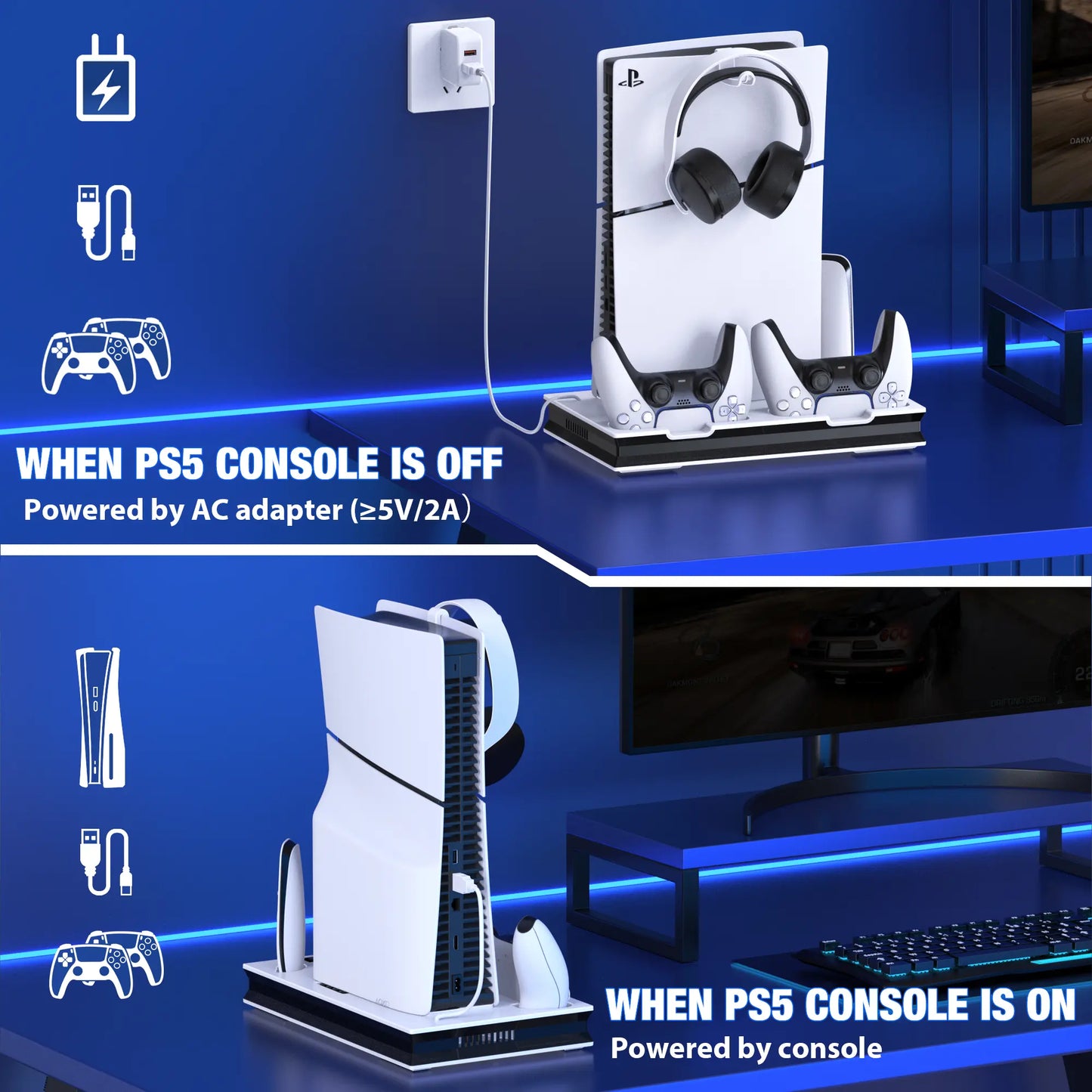 PS5 Stand Cooling Fan for PS5 Slim with PS5 Controller Charger,Beboncool PS5 Accessories,Ps5 Cooling Station for Playstation 5 Slim/Disc/Digital Editions & Playstation 5 Accessories-White Console Smartphone