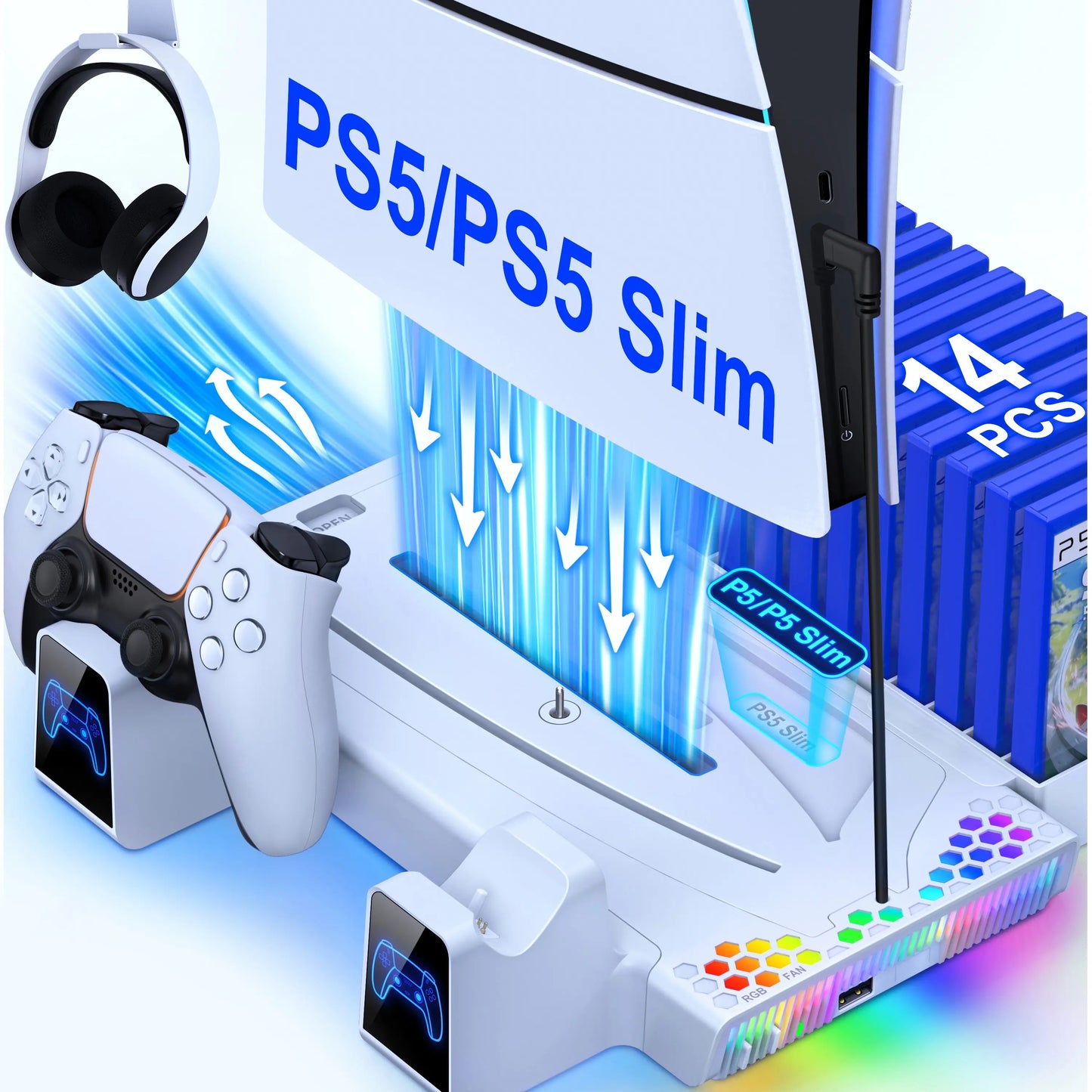 PS5 Stand Cooling Fan for PS5 Slim with PS5 Controller Charger,Beboncool PS5 Accessories,Ps5 Cooling Station for Playstation 5 Slim/Disc/Digital Editions & Playstation 5 Accessories-White Console Smartphone