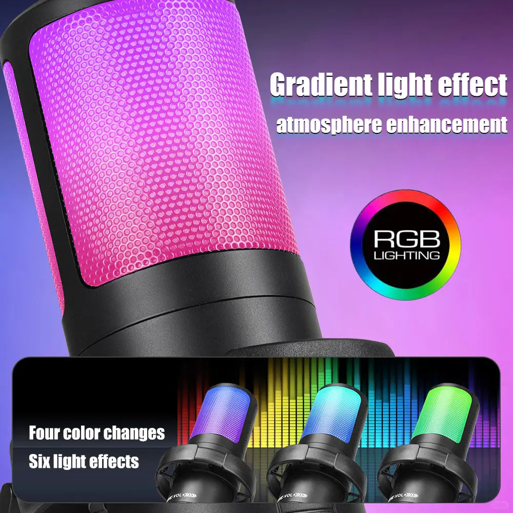 PC Gaming Noise-Canceling Condenser Microphone with RGB Light Mute Gain Control Dual Stands USB Type-C Dual Plug for Live Streaming Recording Podcast Chat #Summervibes