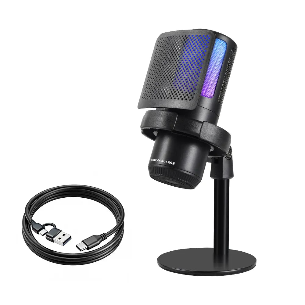 PC Gaming Noise-Canceling Condenser Microphone with RGB Light Mute Gain Control Dual Stands USB Type-C Dual Plug for Live Streaming Recording Podcast Chat #Summervibes