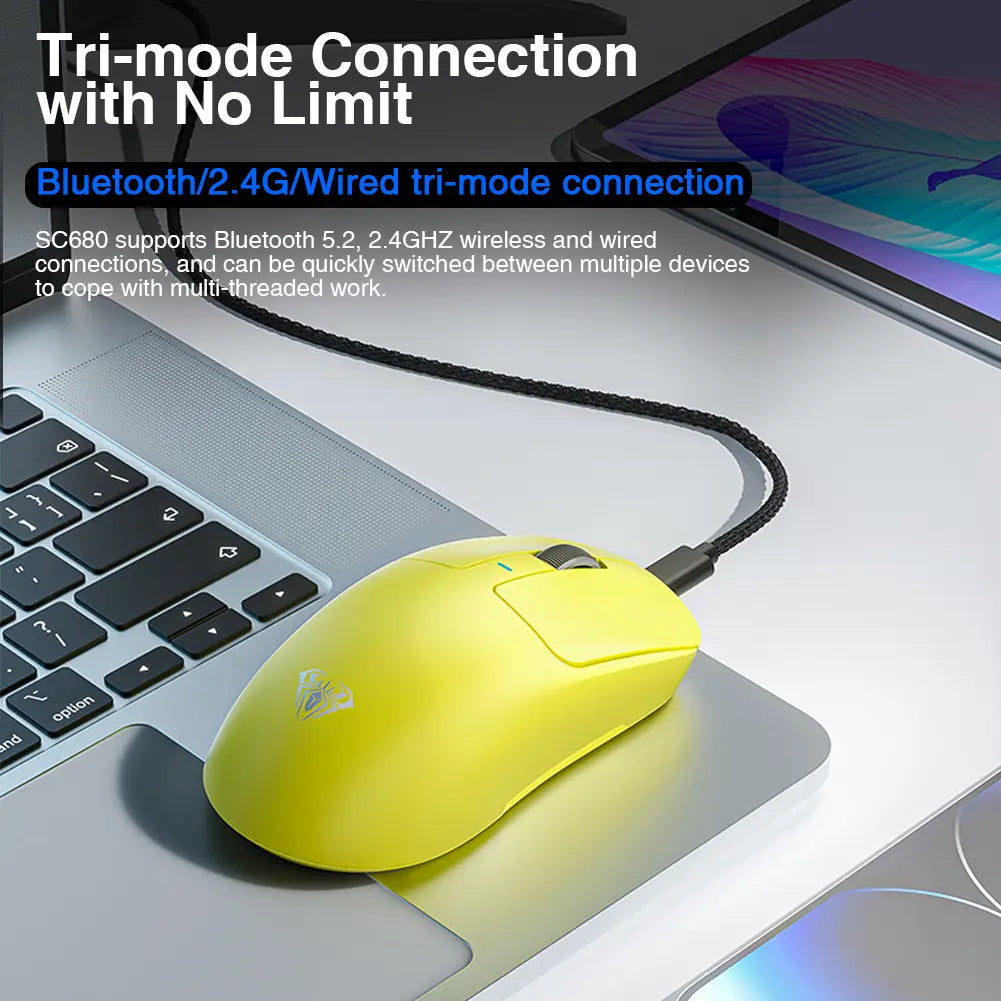 AULA SC680 Wireless Gaming Mouse, Tri-Mode 2.4G/BT5.0/USB-C Gaming Mouse, 10000 DPI Rechargeable Wireless Mouse, Gaming Mouse with 6 Programmable Buttons and Summer Anti-Slip Stickers, Office Desktop Laptop Accessories Ergonomic Mechanical Keyboard