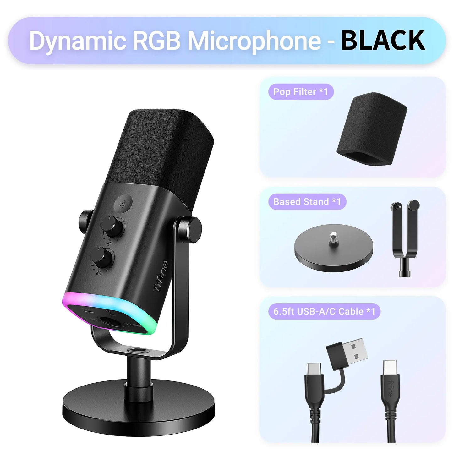 FIFINE AM8 XLR/USB Gaming Microphone for Podcast Recording, Dynamic RGB Mic with Quick Mute, Headphone Jack, Gain Knob, Volume Control, Desktop Mic for PC Gamer, XLR Mic for Audio Interface Mixer, for USB-C Smartphone