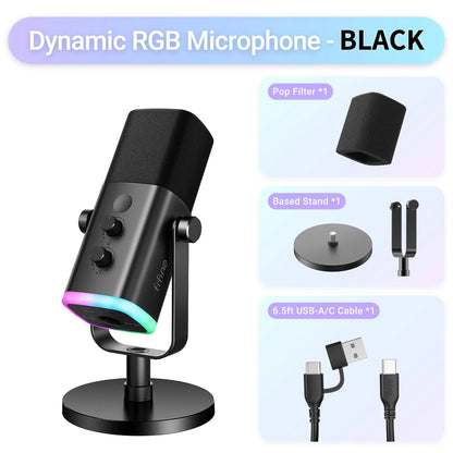 FIFINE AM8 XLR/USB Gaming Microphone for Podcast Recording, Dynamic RGB Mic with Quick Mute, Headphone Jack, Gain Knob, Volume Control, Desktop Mic for PC Gamer, XLR Mic for Audio Interface Mixer, for USB-C Smartphone
