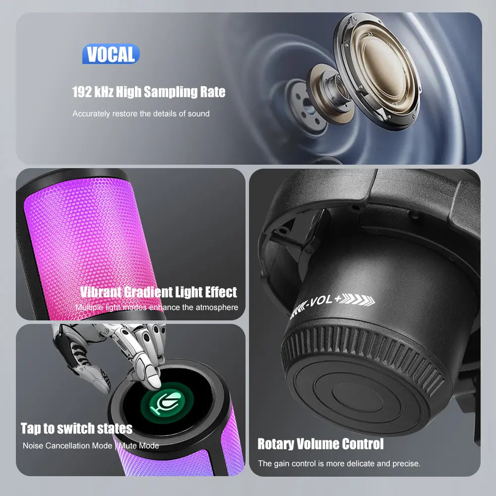 PC Gaming Noise-Canceling Condenser Microphone with RGB Light Mute Gain Control Dual Stands USB Type-C Dual Plug for Live Streaming Recording Podcast Chat #Summervibes