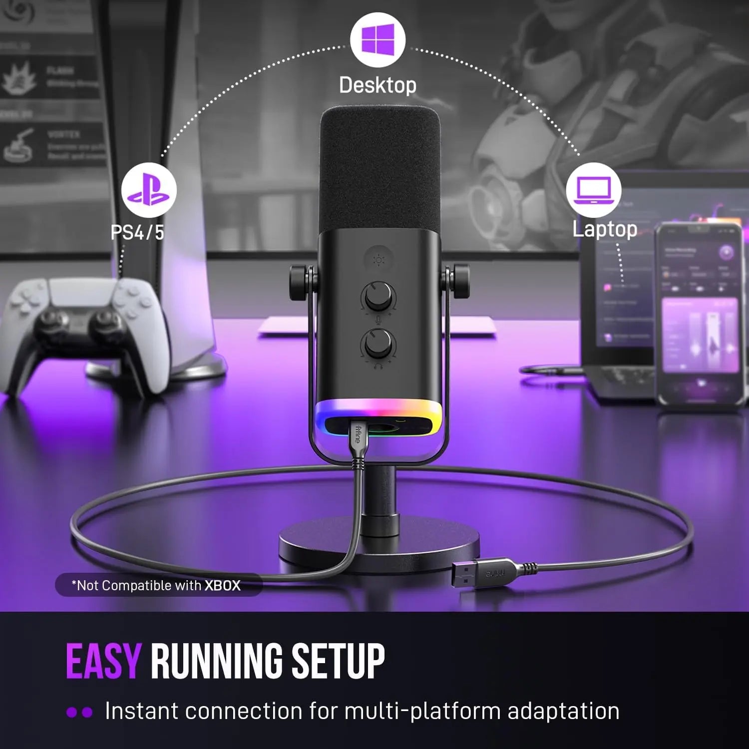 FIFINE AM8 XLR/USB Gaming Microphone for Podcast Recording, Dynamic RGB Mic with Quick Mute, Headphone Jack, Gain Knob, Volume Control, Desktop Mic for PC Gamer, XLR Mic for Audio Interface Mixer, for USB-C Smartphone
