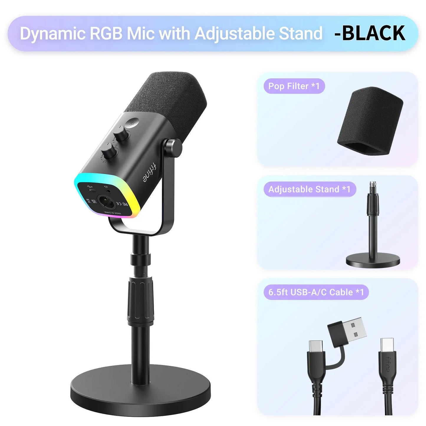 FIFINE AM8 XLR/USB Gaming Microphone for Podcast Recording, Dynamic RGB Mic with Quick Mute, Headphone Jack, Gain Knob, Volume Control, Desktop Mic for PC Gamer, XLR Mic for Audio Interface Mixer, for USB-C Smartphone