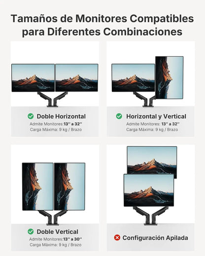 HUANUO Dual Monitor Stand, Fully Adjustable Gaming Monitor Desk Mount for 13–32″ Computer Screens, Full Motion VESA 75X75/100X100 with C-Clamp & Grommet Base, Each Arm Holds 4.4 to 19.8 Lbs