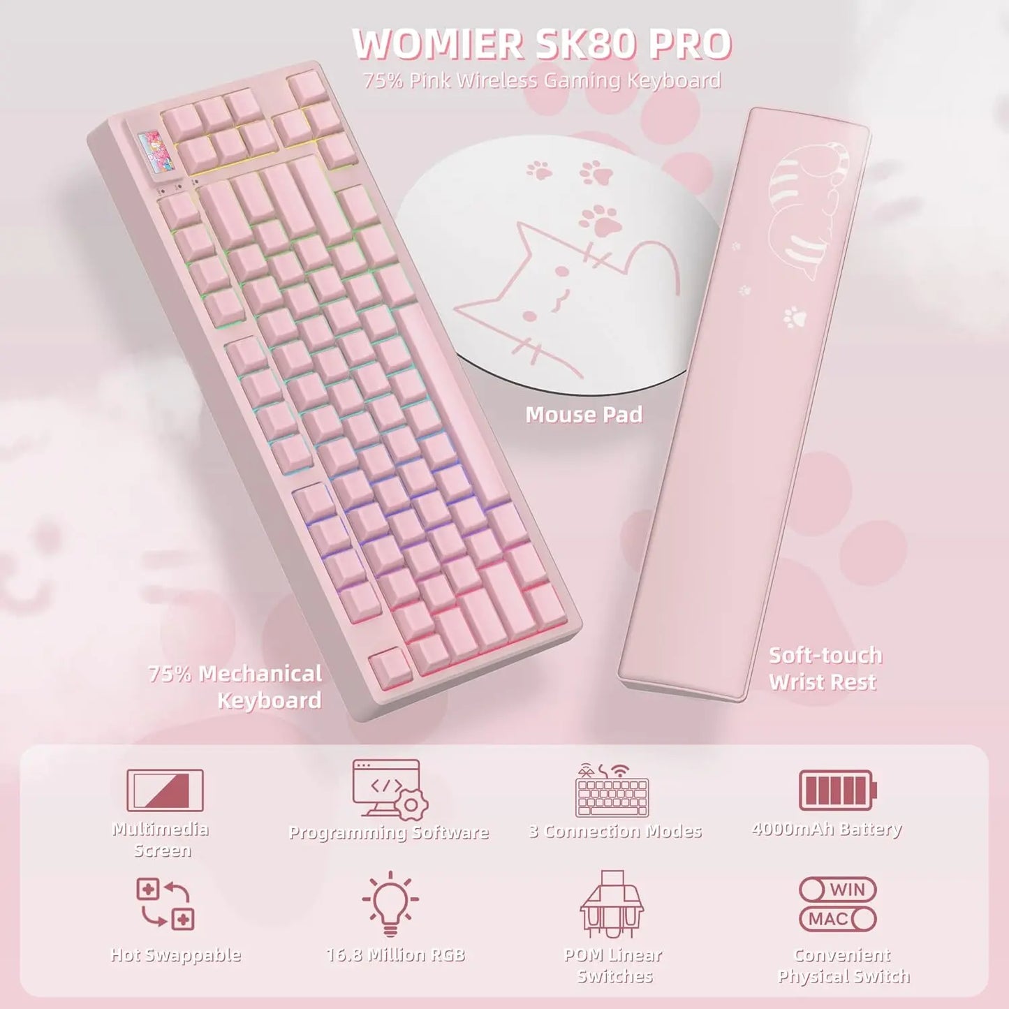 Womier Sk80 Pro Kanagawa Themed 75% Wireless Mechanical Keyboard with Multimedia Display with RGB
