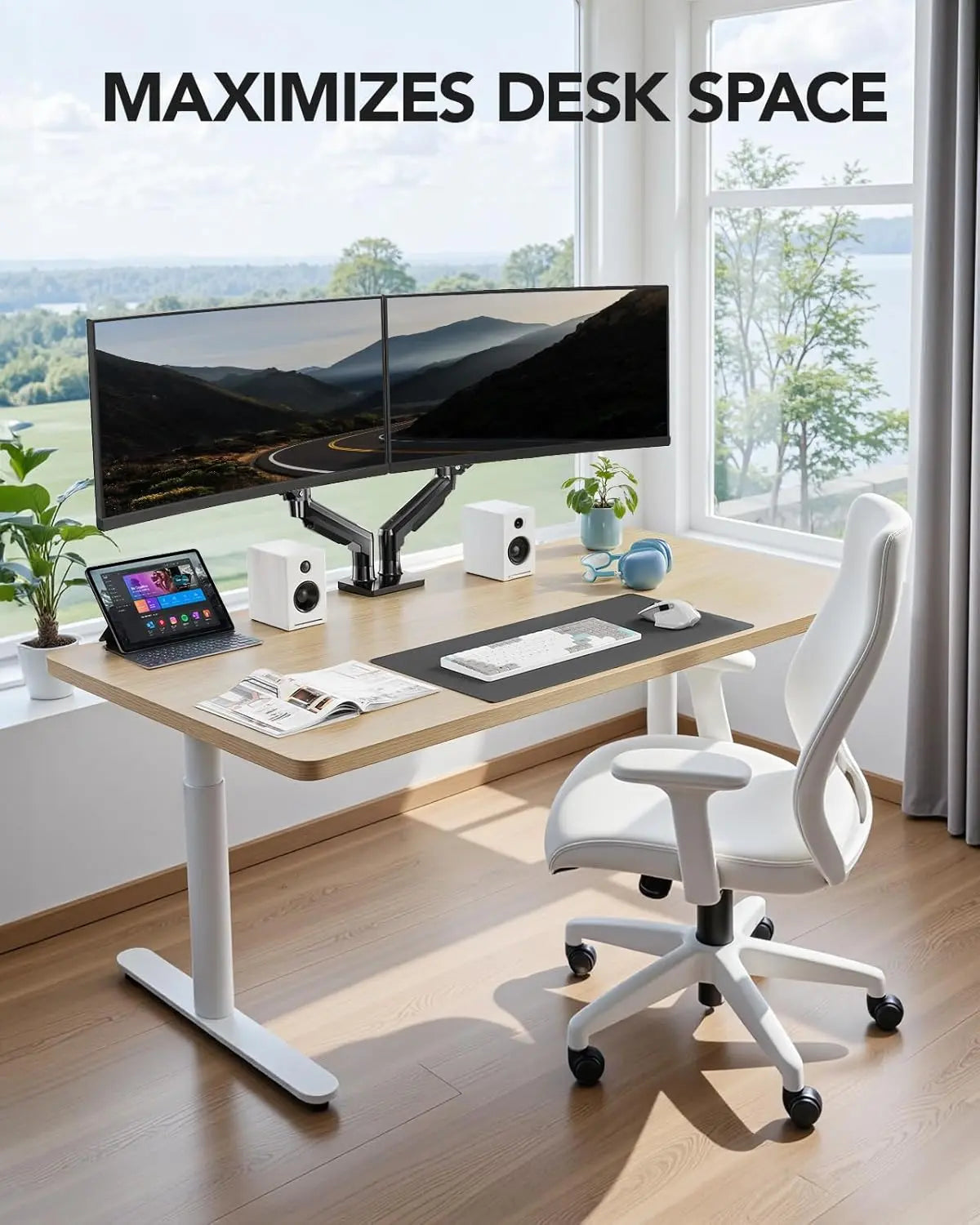 HUANUO Dual Monitor Stand, Fully Adjustable Gaming Monitor Desk Mount for 13–32″ Computer Screens, Full Motion VESA 75X75/100X100 with C-Clamp & Grommet Base, Each Arm Holds 4.4 to 19.8 Lbs