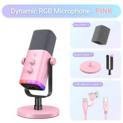 FIFINE AM8 XLR/USB Gaming Microphone for Podcast Recording, Dynamic RGB Mic with Quick Mute, Headphone Jack, Gain Knob, Volume Control, Desktop Mic for PC Gamer, XLR Mic for Audio Interface Mixer, for USB-C Smartphone