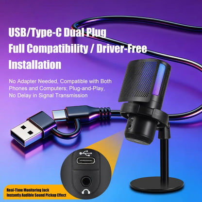 PC Gaming Noise-Canceling Condenser Microphone with RGB Light Mute Gain Control Dual Stands USB Type-C Dual Plug for Live Streaming Recording Podcast Chat #Summervibes