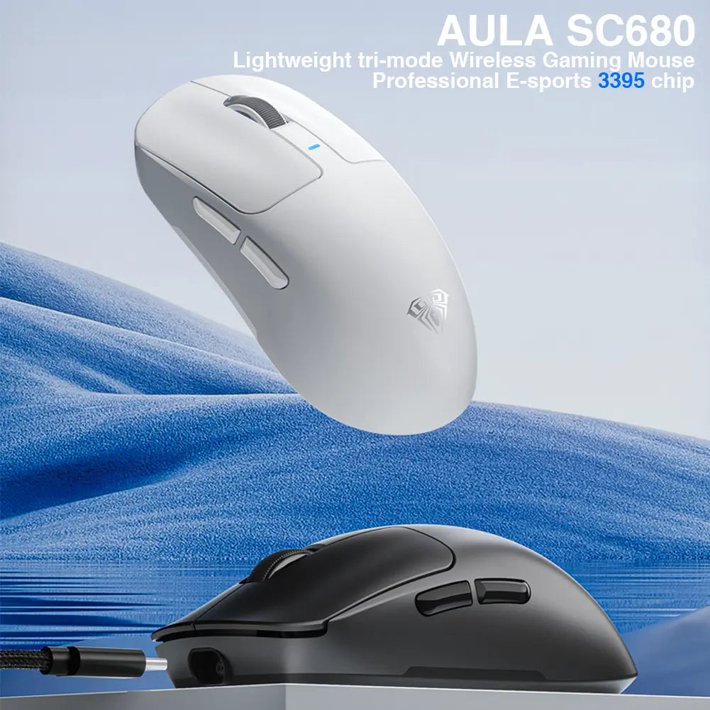 AULA SC680 Wireless Gaming Mouse, Tri-Mode 2.4G/BT5.0/USB-C Gaming Mouse, 10000 DPI Rechargeable Wireless Mouse, Gaming Mouse with 6 Programmable Buttons and Summer Anti-Slip Stickers, Office Desktop Laptop Accessories Ergonomic Mechanical Keyboard