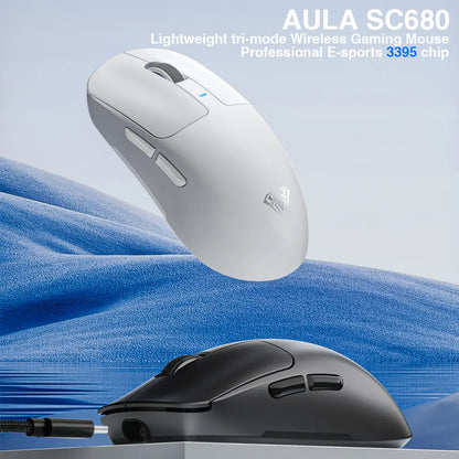 AULA SC680 Wireless Gaming Mouse, Tri-Mode 2.4G/BT5.0/USB-C Gaming Mouse, 10000 DPI Rechargeable Wireless Mouse, Gaming Mouse with 6 Programmable Buttons and Summer Anti-Slip Stickers, Office Desktop Laptop Accessories Ergonomic Mechanical Keyboard