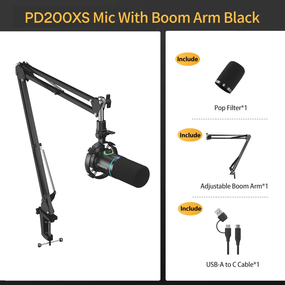Maono PD200X USB & XLR Desktop Audio Dynamic Gaming Mic, Set up with Boom Arm, Compatible with Computer/ Pc/Ps5/Smartphone,One-Click Mute,Noise Reduction and Headphone Jack, Ideal for Gamer, Streamer, Voice-Over, Recording, Podcasting & Singing.