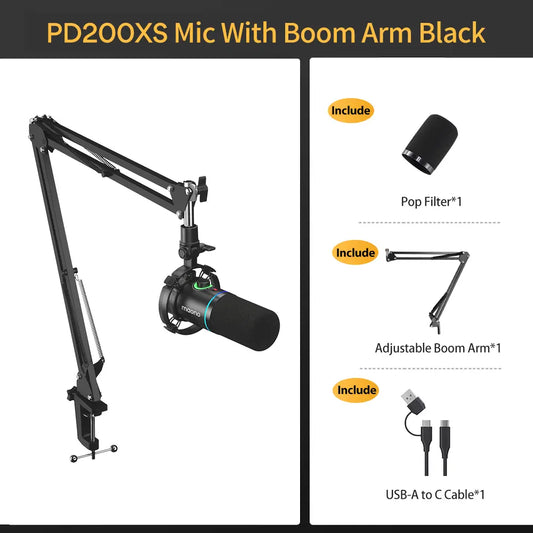Maono PD200X USB & XLR Desktop Audio Dynamic Gaming Mic, Set up with Boom Arm, Compatible with Computer/ Pc/Ps5/Smartphone,One-Click Mute,Noise Reduction and Headphone Jack, Ideal for Gamer, Streamer, Voice-Over, Recording, Podcasting & Singing.