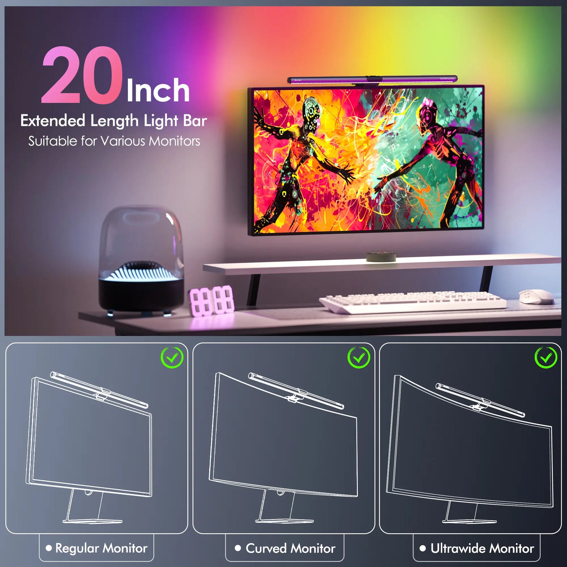 Quntis Monitor Light Gamezone Series RGB Backlight, Desk Setup Gaming Livestreaming Accessories, for Flat/Curved/Ultrawide Monitor - 216 (20Inch) Dimmable Video Lighting