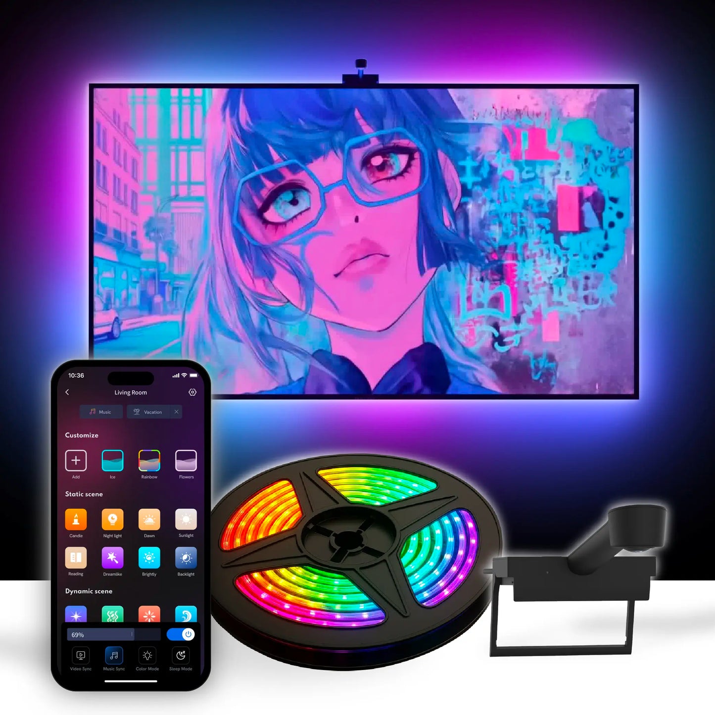 Aura TV Backlight for 50-85In TV LED Light Strip with Color Sync Technology for Immersive TV Light Adjustable RGBIC Lighting Music Visualizer App Control Customizable Scenes