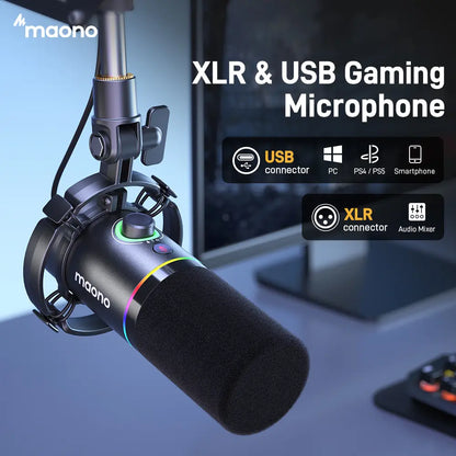 Maono PD200X USB & XLR Desktop Audio Dynamic Gaming Mic, Set up with Boom Arm, Compatible with Computer/ Pc/Ps5/Smartphone,One-Click Mute,Noise Reduction and Headphone Jack, Ideal for Gamer, Streamer, Voice-Over, Recording, Podcasting & Singing.