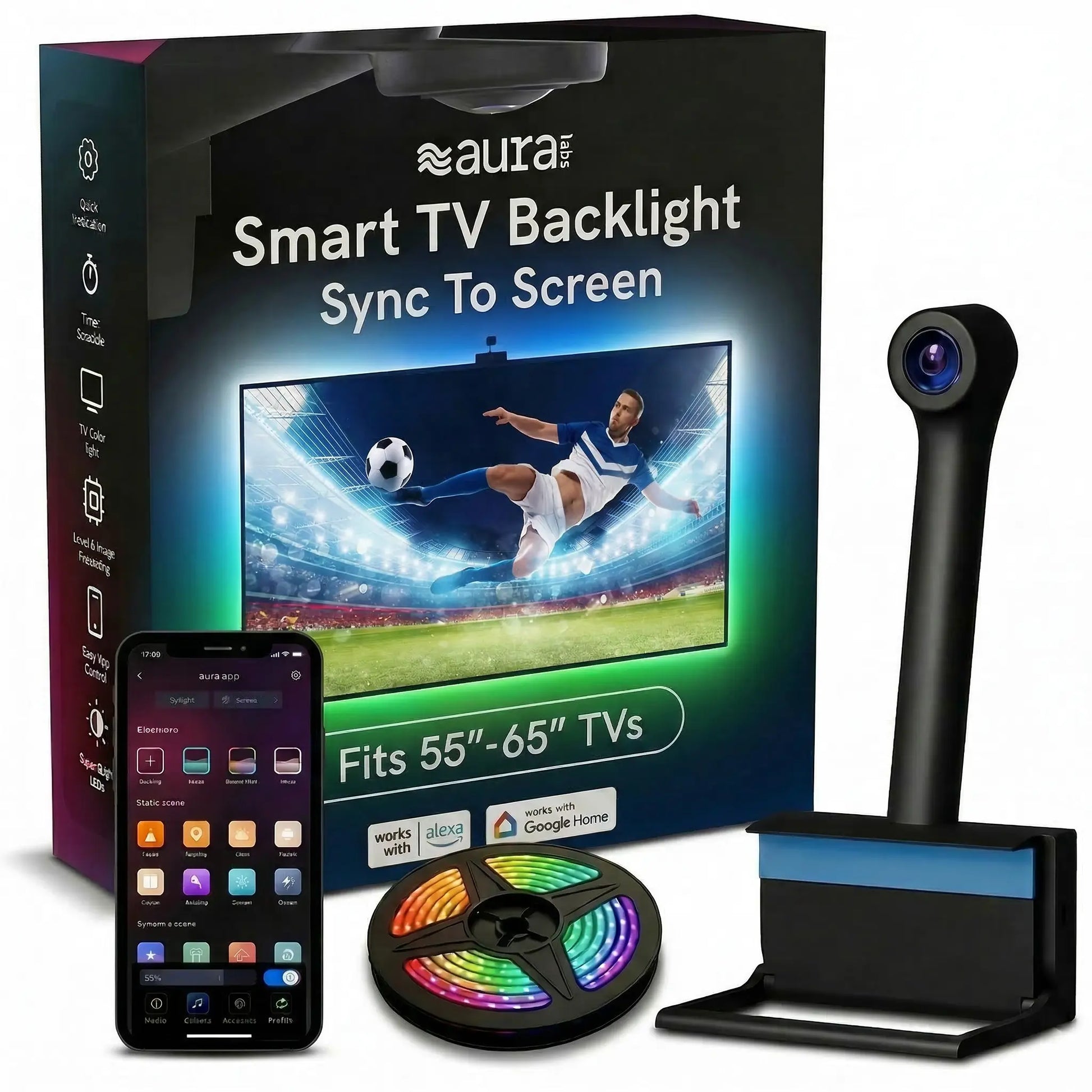 Aura TV Backlight for 50-85In TV LED Light Strip with Color Sync Technology for Immersive TV Light Adjustable RGBIC Lighting Music Visualizer App Control Customizable Scenes