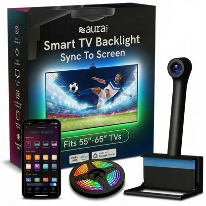 Aura TV Backlight for 50-85In TV LED Light Strip with Color Sync Technology for Immersive TV Light Adjustable RGBIC Lighting Music Visualizer App Control Customizable Scenes