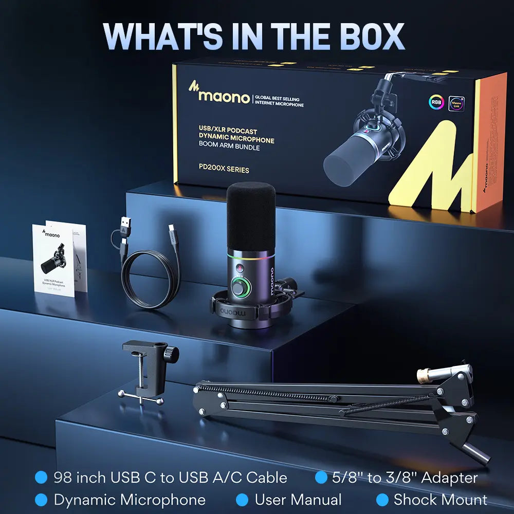 Maono PD200X USB & XLR Desktop Audio Dynamic Gaming Mic, Set up with Boom Arm, Compatible with Computer/ Pc/Ps5/Smartphone,One-Click Mute,Noise Reduction and Headphone Jack, Ideal for Gamer, Streamer, Voice-Over, Recording, Podcasting & Singing.
