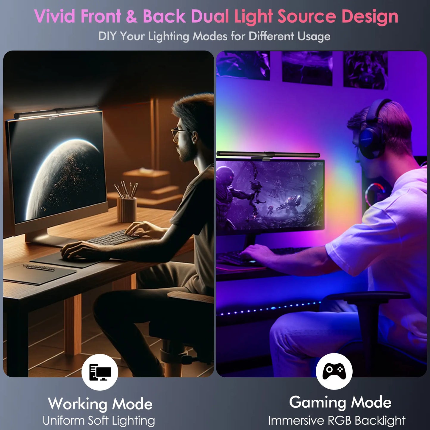 Quntis Monitor Light Gamezone Series RGB Backlight, Desk Setup Gaming Livestreaming Accessories, for Flat/Curved/Ultrawide Monitor - 216 (20Inch) Dimmable Video Lighting